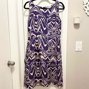 LK BENNETT Purple Abstract 100% Silk Dress 8 Sleeveless Lined A Line cream blue